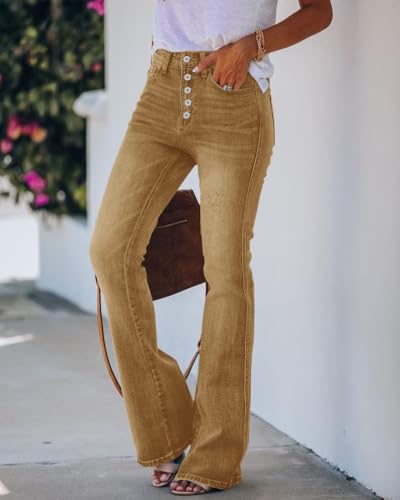 Koinshha Womens High Waisted Jeans Boyfriend Stretch Flare Casual Bootcut Denim Pants Khaki2