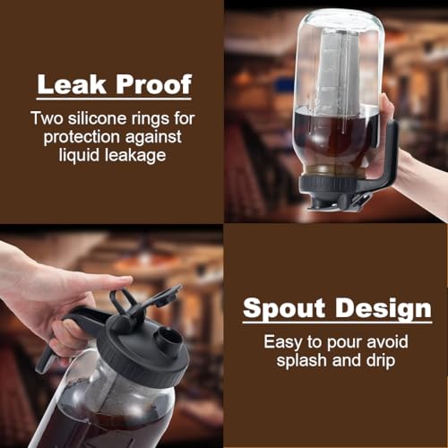 Image of Supvox 64Oz Cold Blew Glass Kettle Coffee Maker Leaking Proof Lid Design with Handle & Nozzle Cool Water Bottle Iced Coffee Pitcher with Stainless Steel Cone Filter & Cleaning Brush