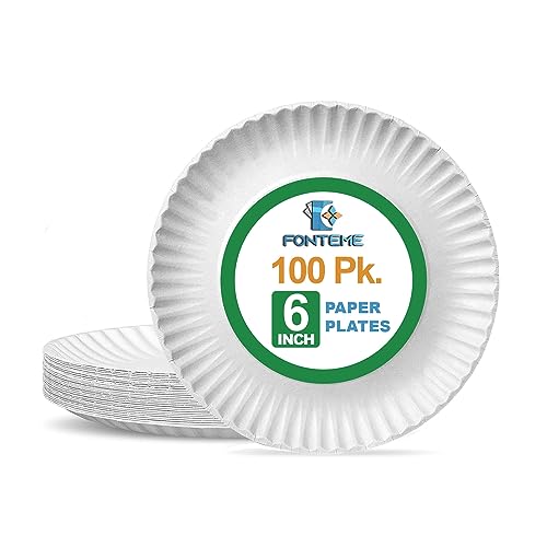 Fonteme 6-Inch Disposable Paper Plates – 100 Count | White & Uncoated Microwavable Bulk Paper Plates | Perfect for Everyday Meals, Parties, and Weddings
