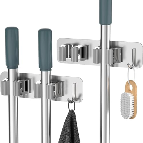 Image of Enclave Stainless Steel Mop and Broom Holder Wall Mounted Adhesive Storage Solutions for Broom mop etc, Garage Storage Systems Broom Organizer. (2 RACK 1 HOOK /SILVER, PACK OF 2)