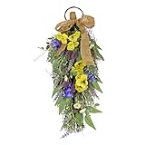 National Tree Company Artificial Teardrop Hanging Decoration, Yellow, Woven Branch Base, Decorated with Pansy Blooms, Lavender, Assorted Blossoms, Flowing Green Stems, Spring Collection, 26 Inches