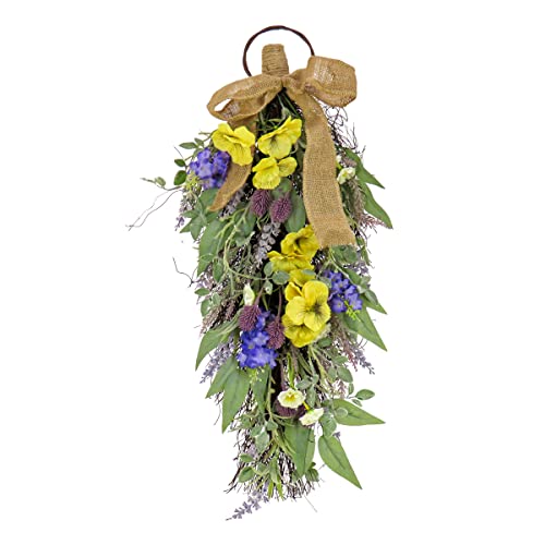 National Tree Company Artificial Teardrop Hanging Decoration, Yellow, Woven Branch Base, Decorated with Pansy Blooms, Lavender, Assorted Blossoms, Flowing Green Stems, Spring Collection, 26 Inches