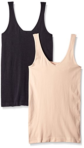 ELLEN TRACY Women's Seamless Reversible 2 Pack Camisole, Black/Sun Beige, X-Large