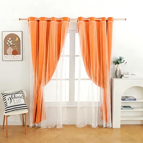 Image of Orange Blackout Curtains 84 Inches Long - Double Layer Curtains,Sheer Voile with Light Block Panels Mix & Match Window Decor for Bedroom Dining Room, 52 inchx84 inch, 2 PCs