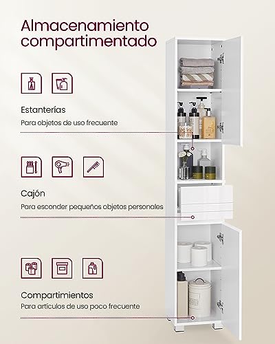 VASAGLE Armario de Baño, Mueble de Almacenamiento, con un Cajón, Compartimientos, Estantes Ajustables, 30 x 30 x 170 cm, Blanco Nube BBC560P31 - imagen 4