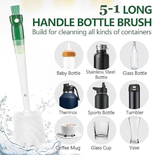 Image of 5 in 1 Bottle Cleaner Brush with 14 Inch Long Handle Washing Bottle Cleaning Brushes for Narrow Neck Water Bottles Tumblers Straws Coffee Mugs Sport Bottles Flasks and Thermos Lid Cup Brush