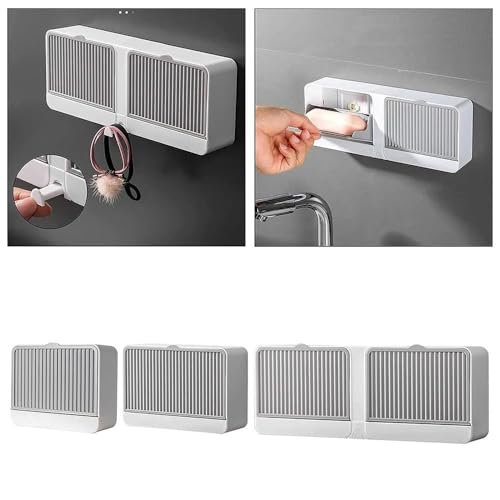 Image of Wall Mounted Soap Holder with Lid and Drain Tray, Double Compartment Soap Box with Adhesive Sticker Installation, Bathroom Soap Storage Case with Hanging Hook