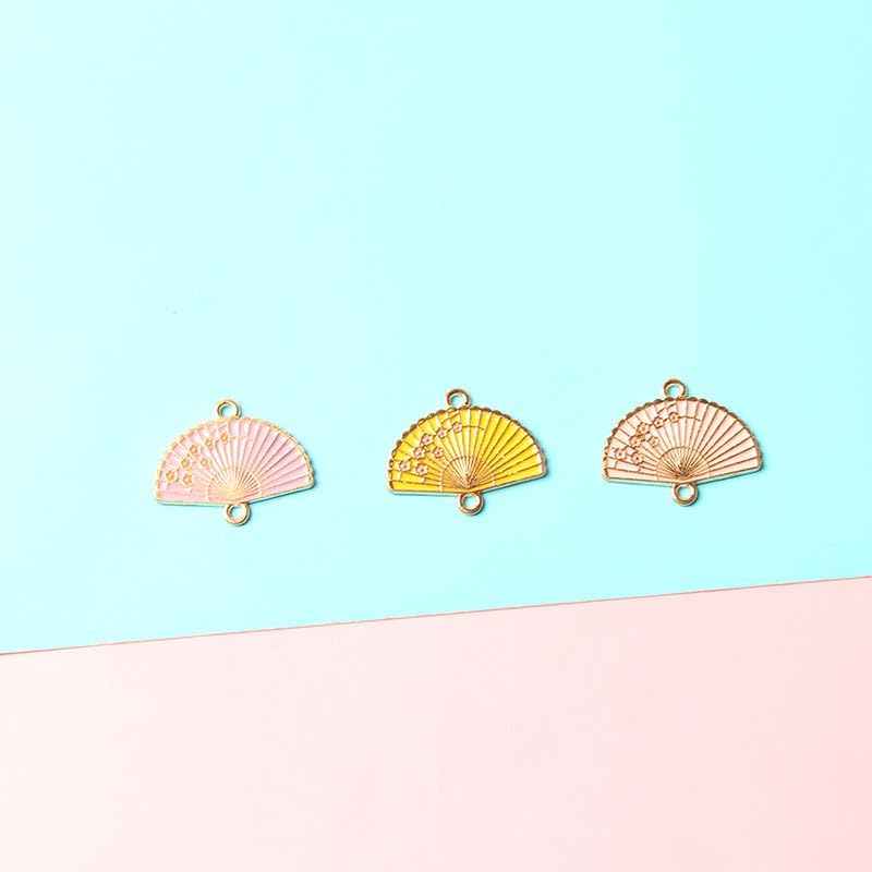 Acxico 45pcs Chinese Style Alloy Enamel Flower Fan Charm Pendants - Vibrant Multi-Color Floral Designs with Golden Rims, Glossy Finish, DIY Jewelry Making Craft Accessories for Necklaces, Bracelets - Image 7