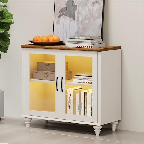 Wampat Sideboard Buffet Cabinet, Modern Wood Glass Buffet Sideboard With Storage, Accent Console Table For Kitchen, Dinning Room, Living Room, Hallway, White/Oak #TOP29