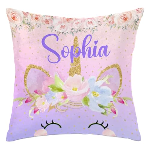Personalized Cute Unicorn Square Pillowcase with Flower for Kids-Girls,Custom Name Cushion Covers,Custom Gifts Throw Pillow Cover for Children Birthday,for Sofa Car Bedroom (Cover Only),Pink Purple
