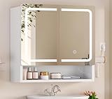 TEENFON Armoire de Salle de Bain avec Miroir et Éclairage LED, Prise Intégrée, Meuble Mural de Rangement pour Salle de Bain, 2 Portes, Support Sèche Cheveux, Étagère Ajustable, Blanc, 59.5x65x15 cm
