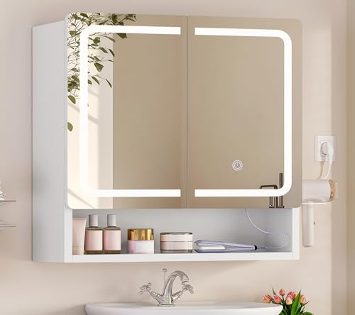 TEENFON Armoire de Salle de Bain avec Miroir et Éclairage LED, Prise Intégrée, Meuble Mural de Rangement pour Salle de Bain, 2 Portes, Support...