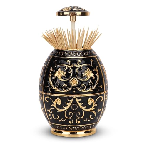 HERCHR Pop Up Dispenser per stuzzicadenti, Porta stuzzicadenti in lega di stagno retrò, stile uovo Scatola per stuzzicadenti con pressa a mano, Decorativo Motivo floreale Supporto per Stuzzicadenti
