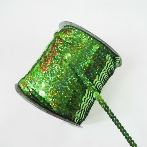 100 Yards Single Row Sequins Trim 5mm Wide for Sewing, Arts and Crafts AB Green Fabric
