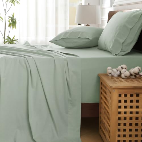 HYPREST Deep Pocket Queen Sheets Cotton - Queen Fit 18"- 24" in Deep Mattress, Sage Green Sheets, Aesthetic Cooling Sheets for Hot Sleepers, Non Slip Bed Sheets