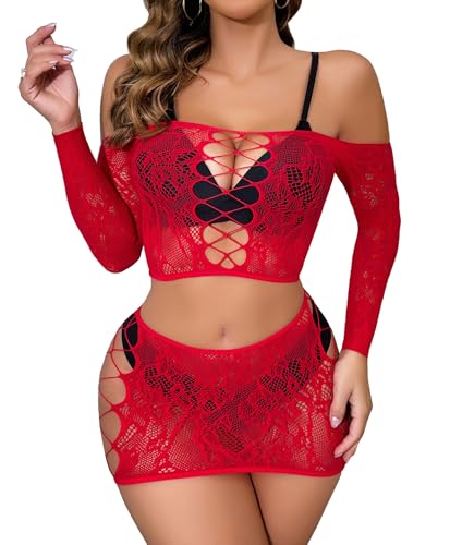 XIUSEMY - Lingerie sensual para mulher, mini vestido sexy, babydoll espartilho para roupa interior, tamanho único, Vermelho Xkjx