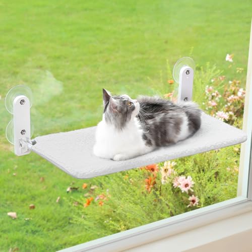 Zakkart Easy Fold Cat Window Perch - Cordless, Fold-Up, Zip Closure Embeded Machine Washable Bed Cover, Robust Metal Frame - Cat Hammock for Window for Large Cats and Kittens (White, Large)