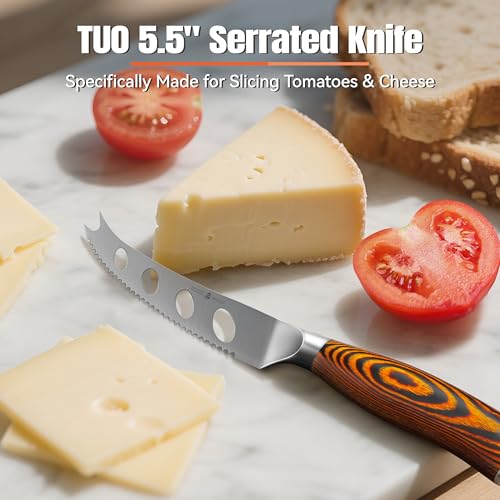 Image of TUO Cheese Knife, Tomato Knife 5.5 inch Serrated Blade, High Carbon German Steel, Mutil-Use Non Stick Design, Pakkawood Handle - Fiery Phoenix Series
