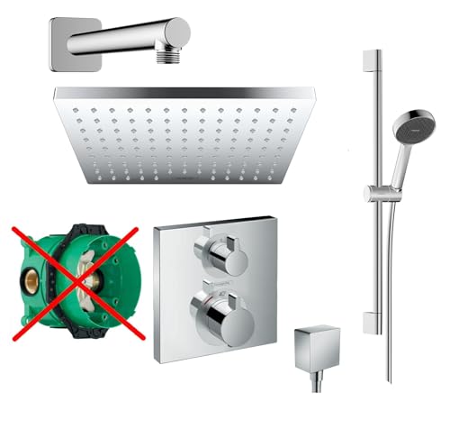 Hansgrohe Duschsystem mit Unterputz Duscharmatur von Hansgrohe Regendusche mit Armatur, Duschkopf eckig, Wandarm Dusch-SET HGK13-ob poliert