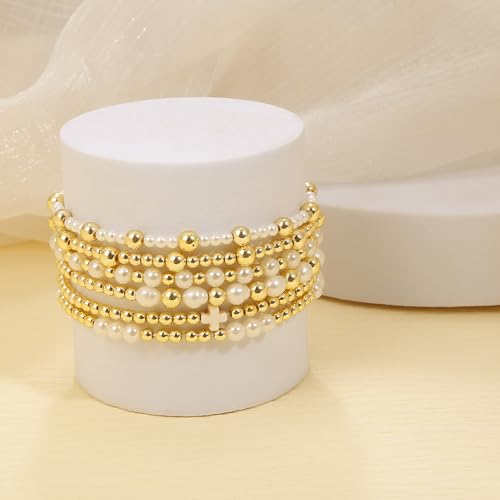BROCC 6PCS Gold Beaded Anklet for Women Pearl And 14K Gold Bead Anklet Stackable Stretch Beads Jewelry Sets4