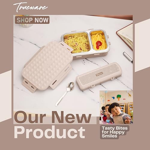 Image of Trueware Crest Lunch Box 2 Compartment Leak-Proof BPA Free Stainless Steel, Lunch Box for Kids, Lunch Box for School & Office with a Spoon, 580 ML (LBK-Crest-Light Brown BAZ)