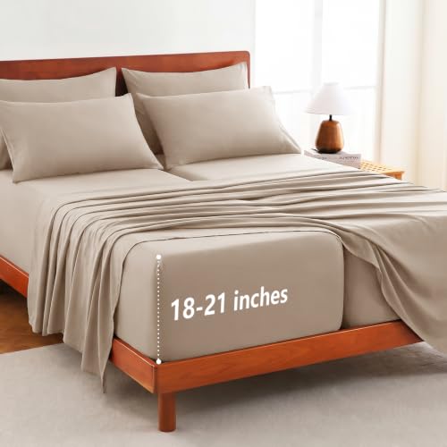 Image of CozyLux 7-Piece Split King Sheets, Fits 18-21 Inch Mattresses, Oeko-TEX | 4 Pillowcases, 1 Flat Sheet and 2 Fitted Sheets with All-Around Elastic, 21-Inch Deep Pockets for a Secure Fit, Wheat
