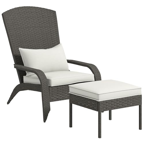 Outsunny Chaise de Jardin avec Repose-Pieds, accoudoirs et Coussins rembourrés, Chaise Adironrack en rotin et Acier, 64x82x89 cm, Gris et Blanc crème