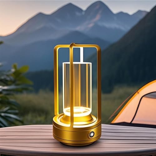 Outdoor Table Lamp 4000mAh Rechargeable Battery Operated lamp 3 Color Stepless Dimmable Cordless Table Lamp for Patio Camping Coffee Table Crystal Lantern lamp for Indoor/Outdoor (Gold)