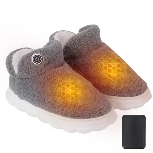 Fizzyo Heated Slippers Rechargeable Foot Warmer with 3 Gear Setting for Men Women Unisex Rechargeable Electric Thermal Shoes Cordless Warming Boot Heated Shoes Size 7.5/8 (Light Grey)