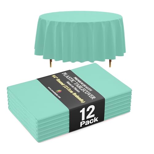 Image of Exquisite 66% Thicker Premium Mint Round Tablecloth 0.5 Mil 12 Pack Plastic Table Cloth Disposable 84 Inch Round Plastic Tablecloth Won't Tear Easily Like Cheap Thin Brands