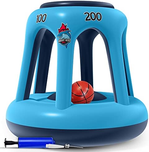 BESTKID BALL Pool Basketball Hoop – Swimming Pool Basketball Hoop Set Durable PVC Material – Includes Ball, Pump and 2 Needles – Non-Leaky Valves and Easy Installation (Blue & Navy Blue)