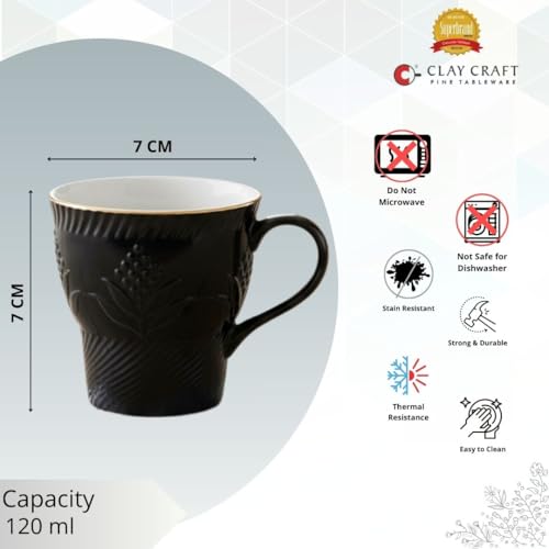 Image of Clay Craft Fine Ceramic Tea Cups Set of 6| 120 Ml Designer Cups with Elegant Texture & Gold Rim | Ideal for Tea Serving| Home| Guests & Gifting