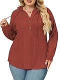 Long Sleeve Plus Size Tops for Women Trendy Button Sweaters Casual Ribbed Knit Tees Loose Fit Comfy Drawstring Hoodies 2XL Caramel