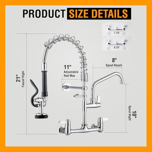 Image of GIMILI Commercial Sink Faucet with Sprayer, 21 inch Height 8 Inch Center Pull Down Wall Mount Faucet for Restaurant, Kitchen, Industrial, Farmhouses Sink