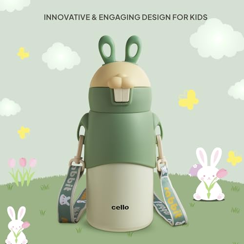 Image of Cello Bunny Kids Stainless Steel Flask 500ml, Green | Double Walled Vacuum Insulated Technology | One Click Push Button to Open | Ideal for School, Sports, Picnics