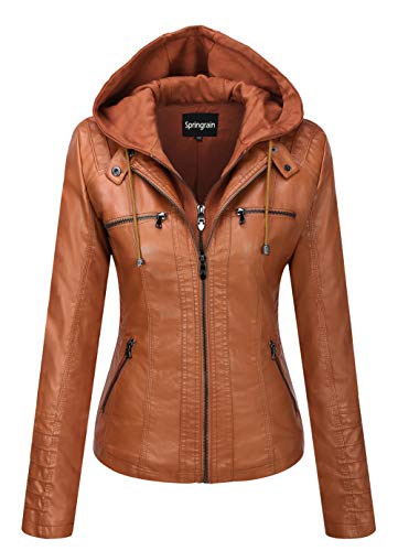 Springrain Women's Faux Leather Jacket Moto Biker Coat with