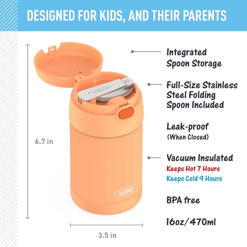 THERMOS FUNTAINER 16 Ounce Stainless Steel Vacuum Insulated Food Jar with Folding Spoon, Neon Orange - Thumbnail 2