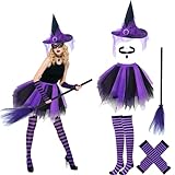 Halloween Witch Costume for Women Adult Girls Gothic Cosplay-Outfit Set With Tutu Hat Broomstick Striped Socks Gloves Pendant (Halloween Purple)