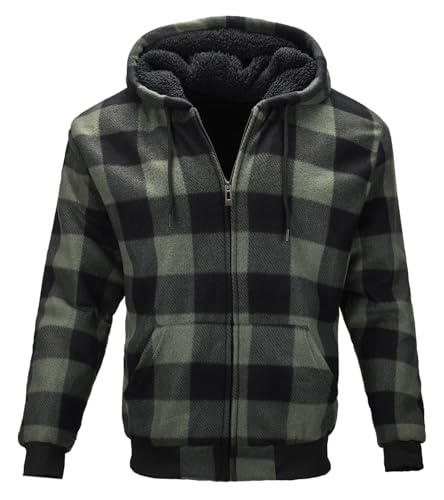 Fleece Hoodies Buffalo Check Sherpa Pullover Men's Zip Up Hoodie