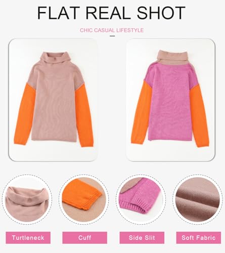 Dokotoo Womens Turtleneck Sweaters Casual Long Sleeve Color Block Side Slit Pullover Knit Jumper Tops3