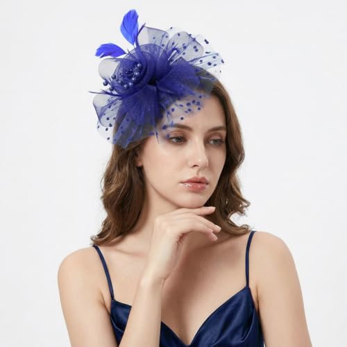 Image of DRESHOW Fascinators Hat Flower Mesh Ribbons Feathers on a Headband and a Clip Tea Party Headwear for Girls and Women
