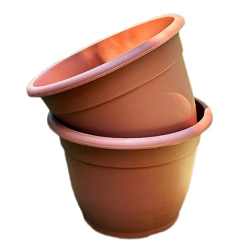 2x Terracotta Plastic Planters 9.5L Large Round Outdoor Patio Flower Pots Pair
