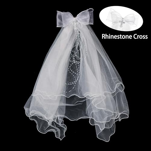 Merroyal First Communion Veil and Tiara Set, 24 inch White Veil with Rhinestone Cross Crown, Religious Ceremony Accessories2