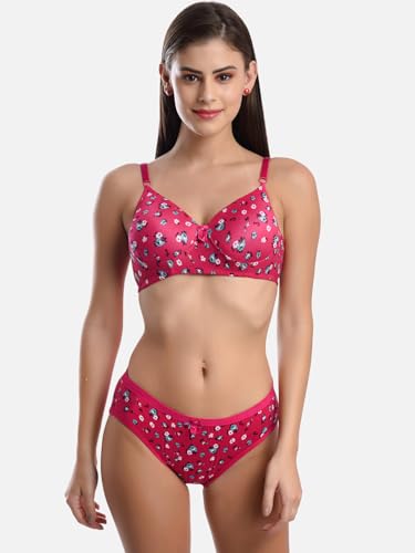Image of FIMS - Fashion is my style Cotton Flower Print Padded Bra Panty Set for Women, Non Wired, Full Coverage, Tshirt, Back Closure, Push up, Teenage, Regular, Soft Cups