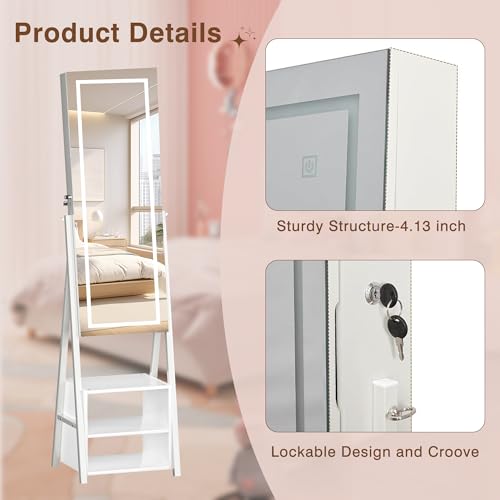 Image of VECELO Jewelry Cabinet with Lights, 63 inch Full Length Mirror with Jewelry Storage, Lockable Standing Jewelry Mirror Cabinet, 3 Colors Mode, Powered By USB, White