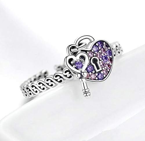 Genuine 925 Sterling Silver Love Heart Key Purple CZ Finger Rings for Women Wedding Engagement Jewellery, Silver,Purple - Image 5