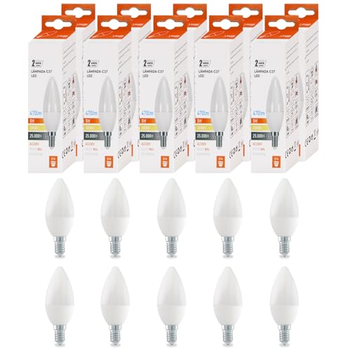 Maxled, Light is Led! 10 Unidades Bombilla LED E14 Vela C37 5W Equivalente a 40W Blanca Cálida 3000K 470LM Lámpara Vela C37 Bombillas de Ahorro para Salón Oficina Mesilla de Noche No Regulable