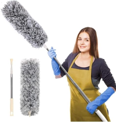 Image of Microfiber Feather Duster with Extendable Long Pole (100 Inches), Bendable Head for Cleaning High Ceiling Fans, Interior Roof, Cobwebs - Washable & Telescopic Long Handle Cleaning Tool