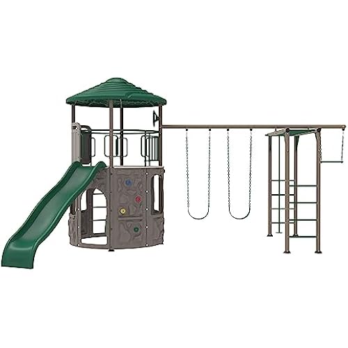 Lifetime Adventure Tower Deluxe Swing Set Playset Lifetime Adventure Tower, Covered Clubhouse, 9 ft Wavy Slide, Monkey Bars, Climbing Wall, Fireman’s Pole, Belt Swings & Trapeze