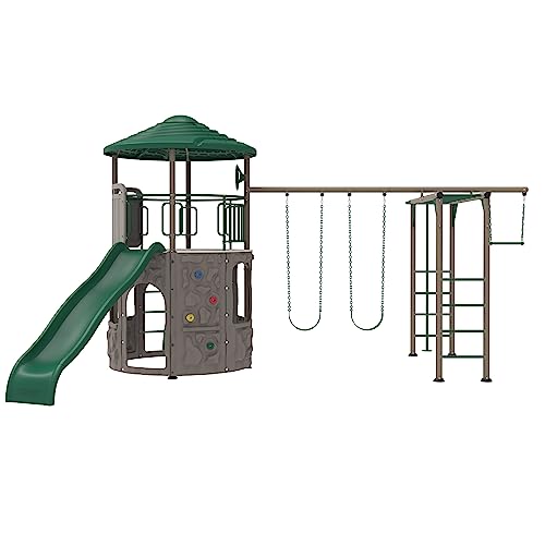 Lifetime Adventure Tower Deluxe Swing Set Playset Lifetime Adventure Tower, Covered Clubhouse, 9 ft Wavy Slide, Monkey Bars, Climbing Wall, Fireman’s Pole, Belt Swings & Trapeze